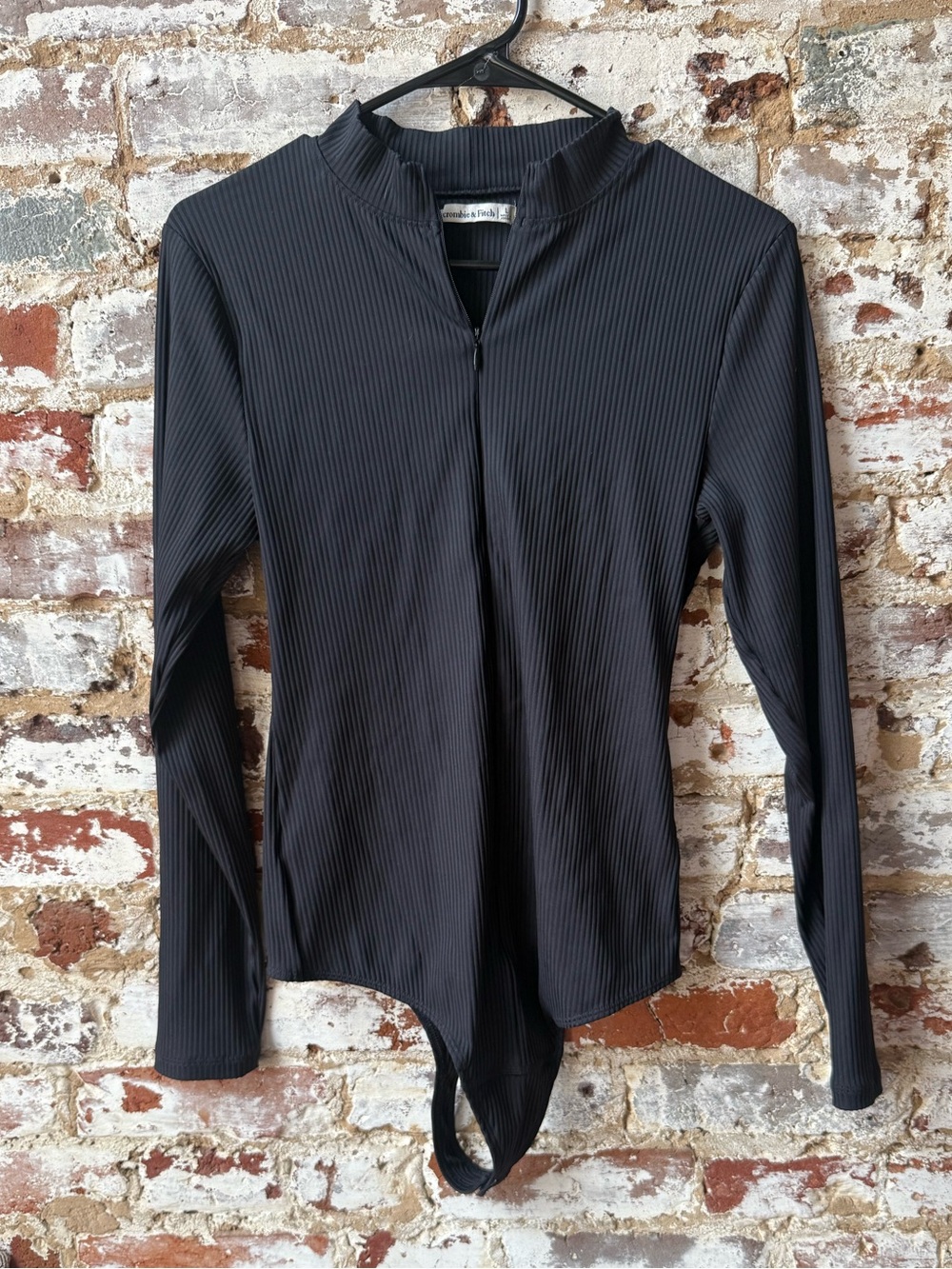Abercrombie & Fitch Black Ribbed Long-Sleeve Zip Bodysuit